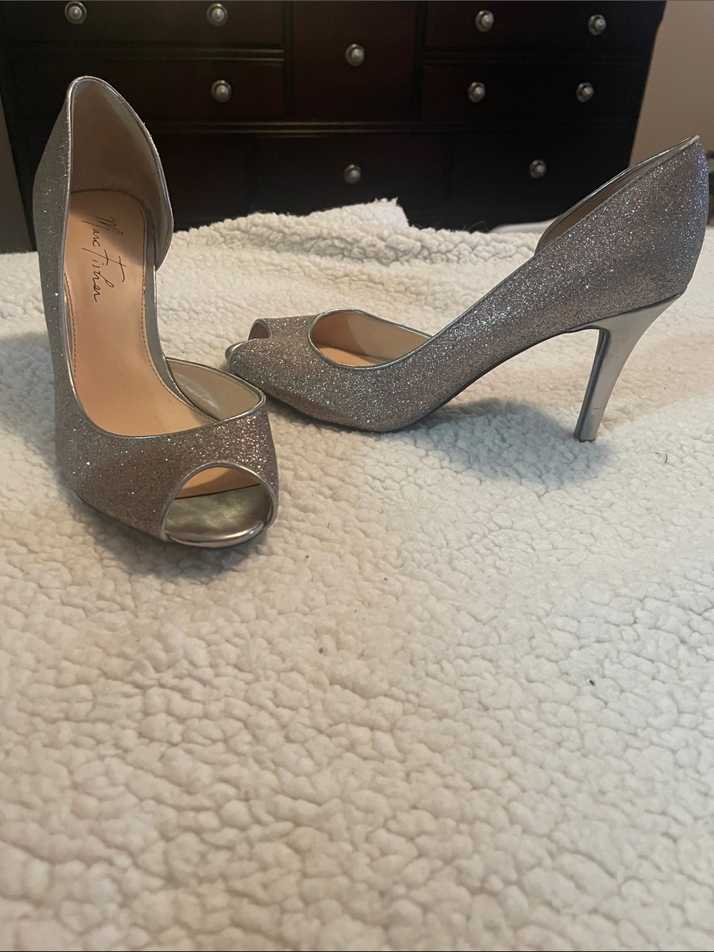 Marc Fisher Silver Glitter Peep-Toe Stilettos